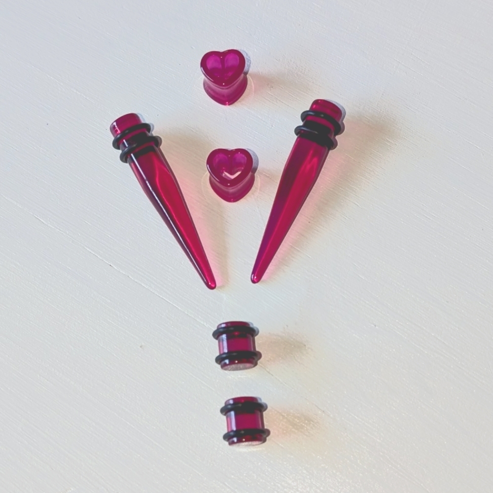 Magenta Pink & Heart Acrylic Ear Tapers & Plugs 10mm